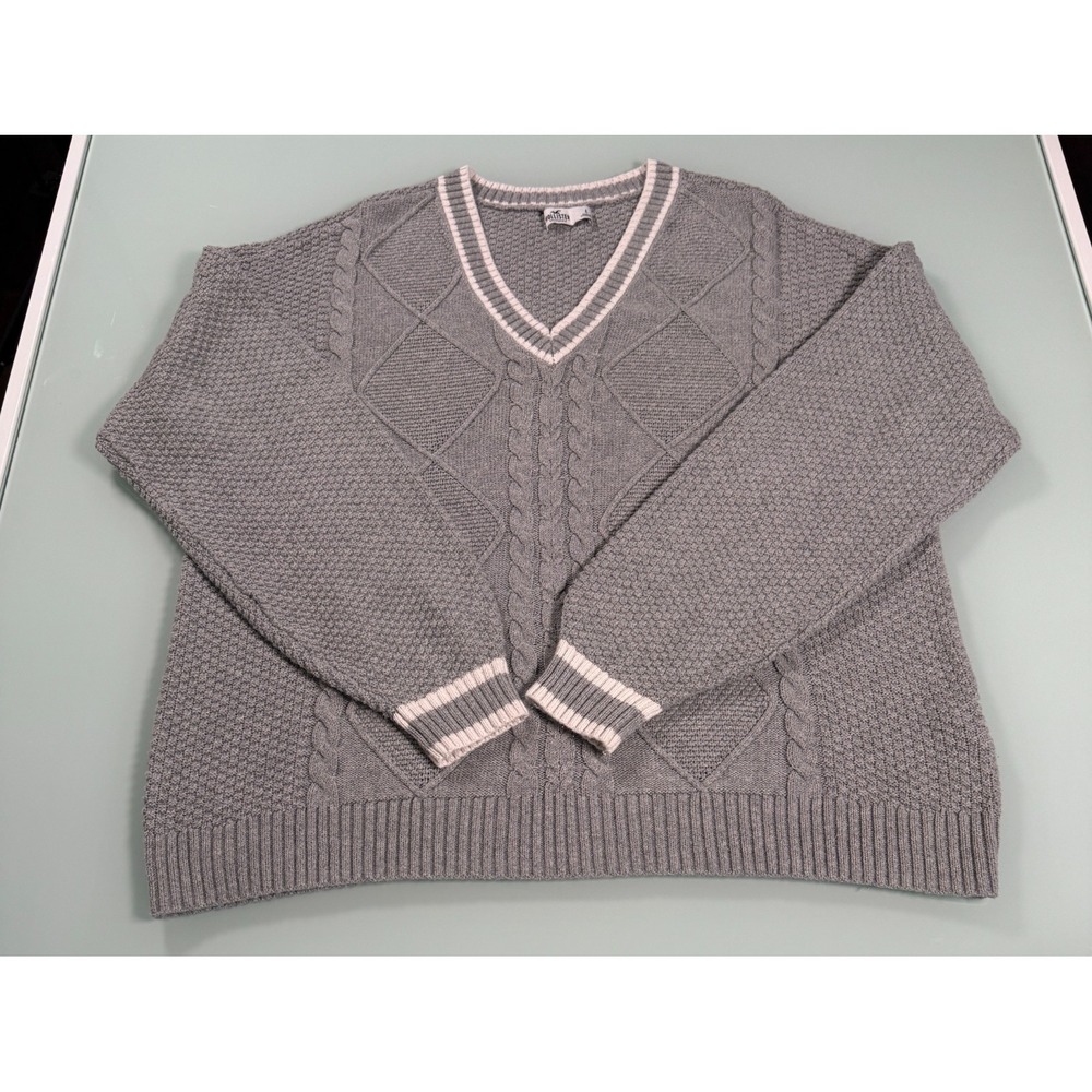 Hollister Cable Knit Pullover Sweater Womens L Gray V-Neck Casual CozyCore - Picture 2 of 16